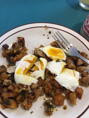 Sweet potato turkey hash with poached eggs