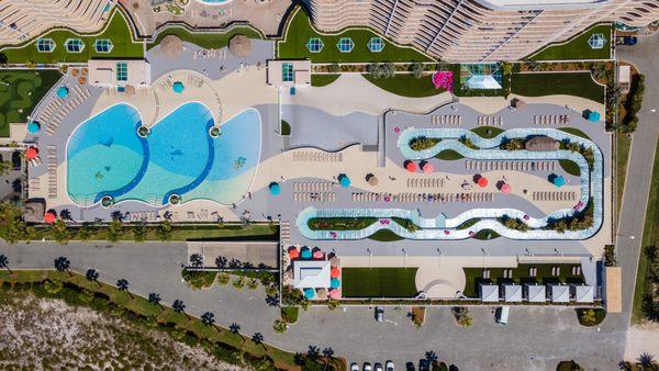 upper deck renovation, showing the upper deck lazy river, pools, cabanas, and tiki bar,