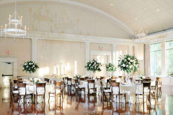 Our wedding reception setup inside the Grand Overlook Ballroom. Flowers by Unique Floral Expressions. Photo by Leigh Wolfe Photography.