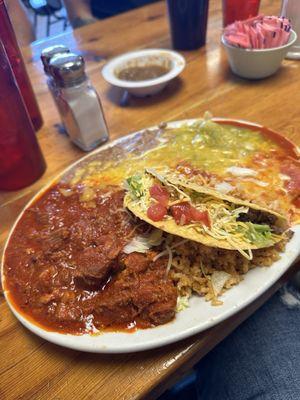 Combo plate with carné adovada, cheese enchilada and beef taco