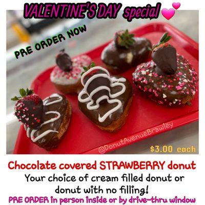 Chocolate covered STRAWBERRY donut with or without cream filling! Pre order in person today!