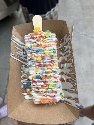 Fruity pebbles with white chocolate drizzle