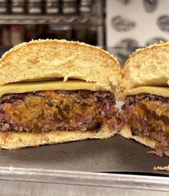 Juicy Lucy cheese and onion filled burger!