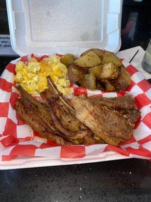 Lamb chops eggs country potatoes