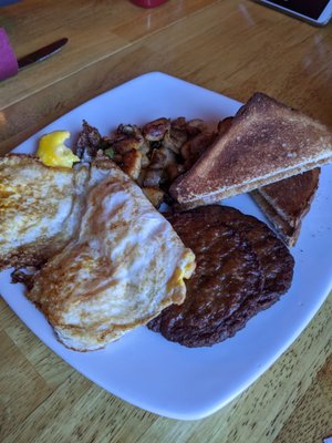 3 eggs, 2 sausage patties, home fries, & toast