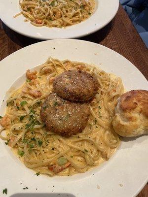 Crawfish fettuccine with crabcakes