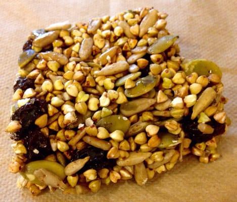 Raw buckwheat bar with pumpkin seeds and raisins. SO. GOOD. Three huge bars come in a package.