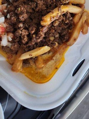 No cheese just grease pools.  Wrong meat, they put birria meat on the asada fries