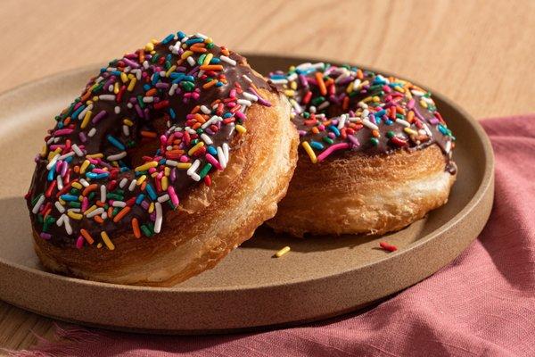 Chocolate Iced & Sprinkled Croissant Donuts