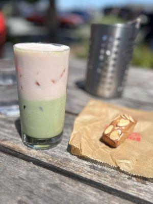 Cherry Blossom Iced Matcha Cream and a Financier - Gluten Free. Deliciouso!