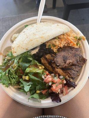 Carne Asada, rice, salad