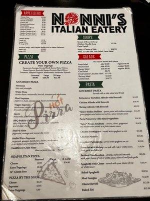 Nonni's Italian Eatery Menu