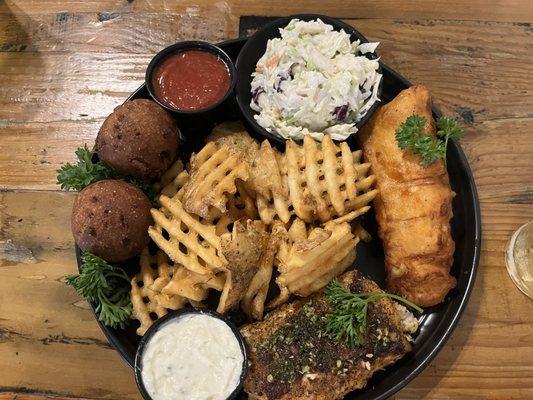 The Codfather Dinner with one cod filet  beer-battered and the other blackened