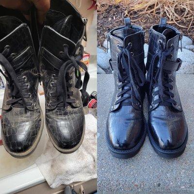 Dirty boots getting an amazing boot shine in Denver by best shoe shine guy Marcus F.