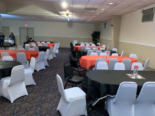 Setting up the hall the night before the party! (Pic is from the back of the room by the bar looking towards the front)