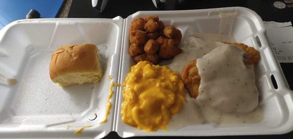 Double chicken fried chicken, fried okra and mac n cheese