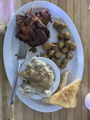 Country fried chicken mashed potatoes and gravy. Fried okra  toast