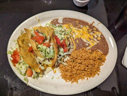 San Juan style Tacos, refried beans, Spanish rice.