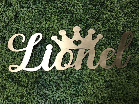 Custom wooden name sign for baby shower backdrop!  Painted gold.