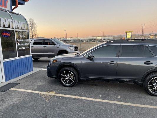 After tinting front driver and passenger windows (20%) and a strip at the top of the windshield (15%).