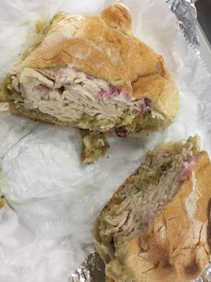 Turkey stuffing and cranberry mayo special on a Portuguese roll. Yum!