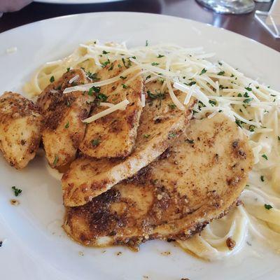 Alfredo with blackened chicken  (they have grilled chicken option too)