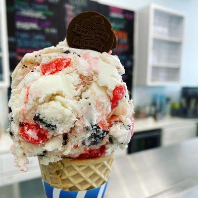 Jim's Chocolate Cherry! Vanilla Ice Cream with Cherries and Dark Chocolate Flakes!!