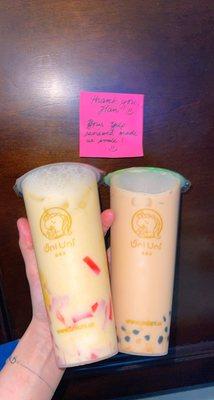 L: Mango Fresh Milk w Milk Mochi, Strawberry Jelly & Cheese Foam R: Uni Brown Sugar Milk Tea w Tapioca, Milk Mochi, & Cheese Foam