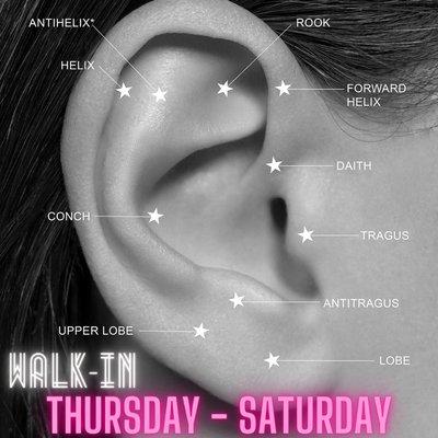 New Piercing Walk-In hours! Thursday - Saturday 1pm - 6pm