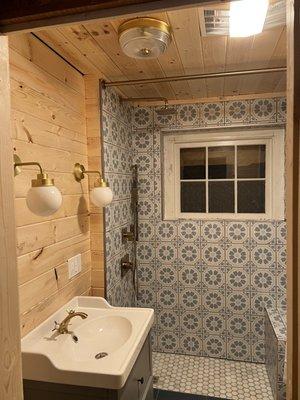 Bathroom renovation.  Odell Lake cabin.  3-22.  Removed old clawfoot and made new walk in tiled shower, bench,  new vanity & pine t&g.