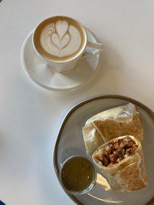 Lavender latte and breakfast burrito