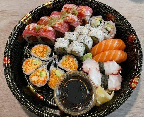 Spicy Scallop Roll, Hangover Roll, California Roll, octopus nigiri, salmon nigiri