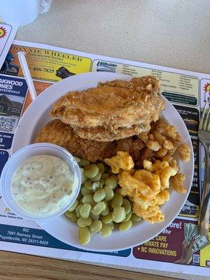 Fried chicken, fried catfish, lima beans, and macaroni and cheese