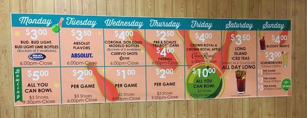 Weekly drink and bowling specials.