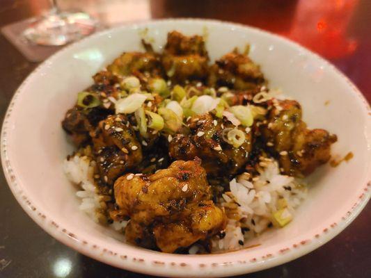 Gooey Shrimp Bowl. Meaty shrimp with a sweet and savory sauce, on a bed of white rice. Portioned just right!