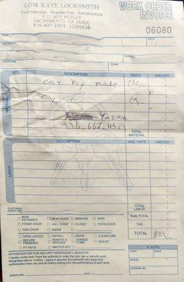 This is the receipt from the locksmith technician