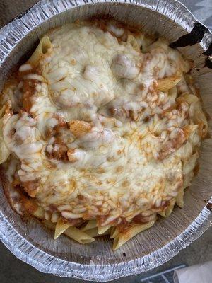 Mostaccioli with a up charge of mozzarella on top.