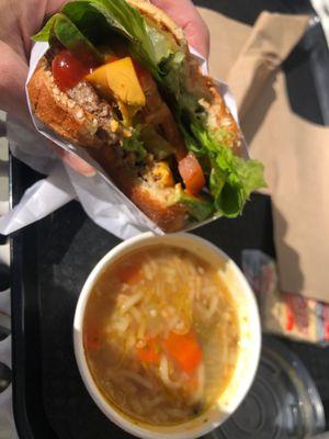 Cheeseburger and homemade chicken noodle soup