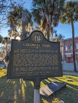 Colonial Park Cemetery on Black Friday, November 24, 2023. Sign for the park.