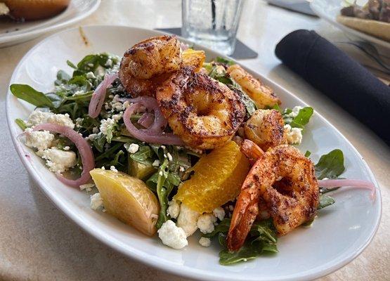 Close-Up Beet Salad with Golden Beets & Oranges Atop Lightly Blackened Shrimp!