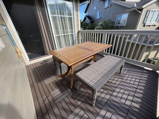 5' Teak Table Top (after 3 coats of teak protector) Bangkok Teak Stand 2 Woven Benches