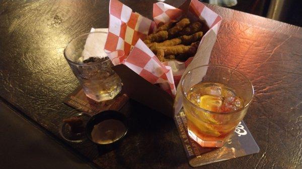 Whiskey on the rocks, fried greenbeans from the food truck, and an old fashion.