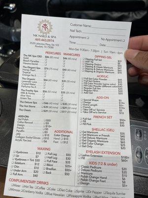 Menu of services