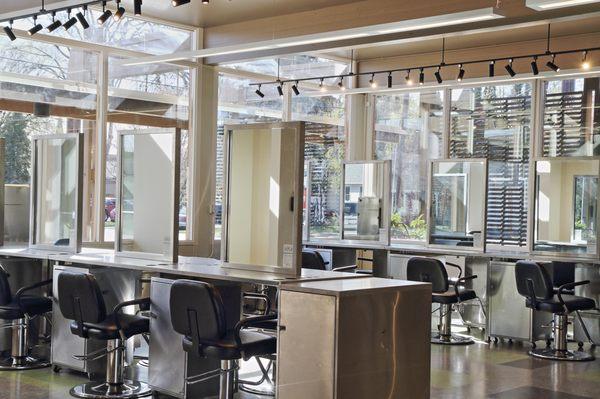 Our modern hair salon area where our students hone their skills.