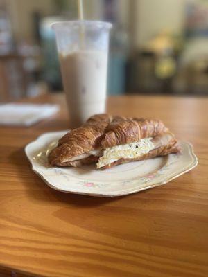 Turkey, egg and cheese croissant sandwich + large iced London Fog