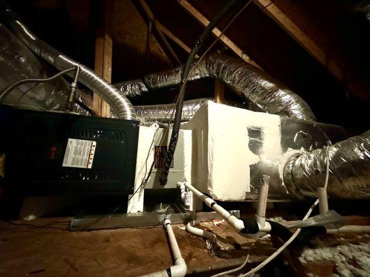 Furnace install with incorrect plenum and material covering system serial number. This is not tapered after the furnace.