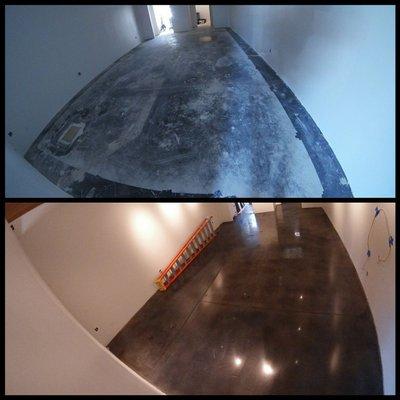 Concrete stained and polished. Before  (top ) After (bottom).