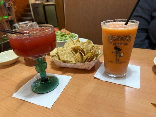 Raspberry Margarita, Strawberry/Mango Daiquiri and Guac/Chips