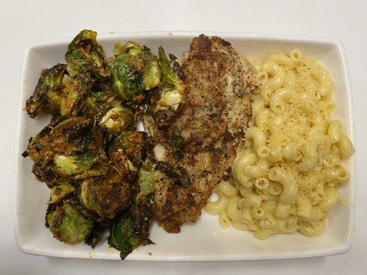 Custom plate: Roasted Brussel Sprouts + Chicken Breast + Mac & Cheese = $13 (tax not included).