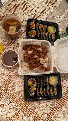 Shrimp and Bulgogi Kimbap, Chicken and rice cake, and odeng soup